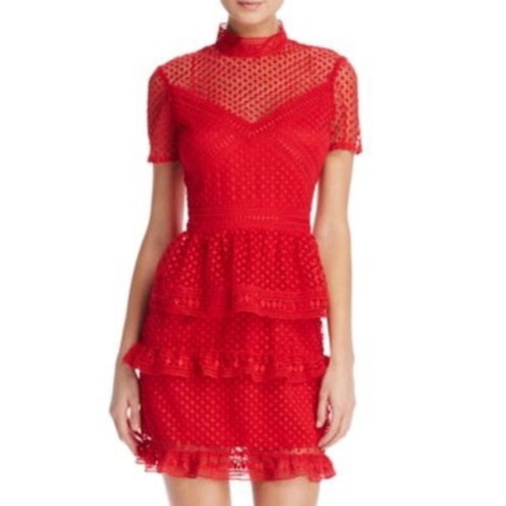 AQUA Short Sleeve Red Crotchet & Lace Ruffle Dress